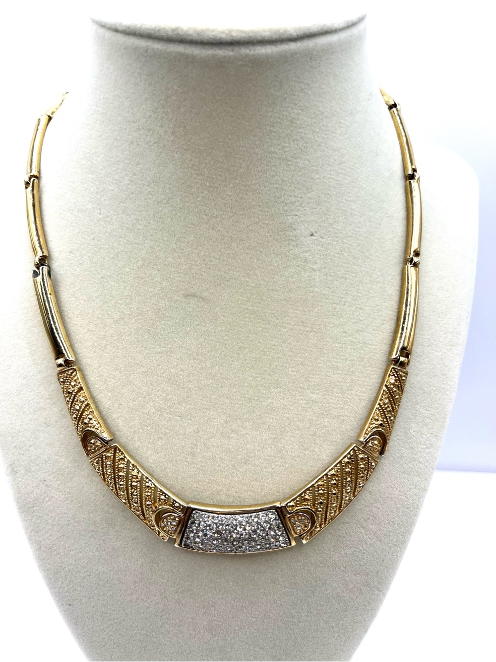 Vintage Gold Necklace with Clear Crystal Pavé Accent Art Deco Necklace